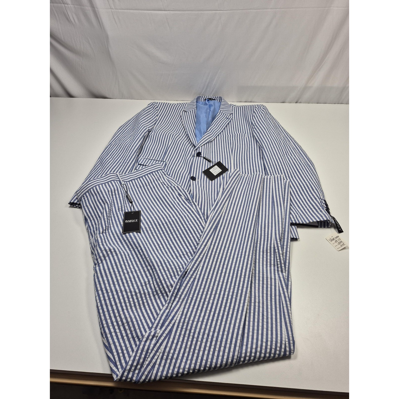 Inserch Suit Mens 54 Blue 100% Cotton Stripe Seersucker 2 Piece 48x36 Nwt